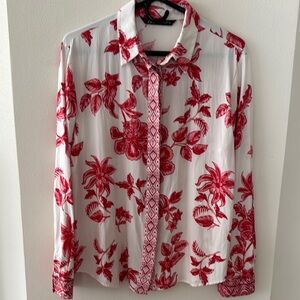 Zara Red Floral Button-Up Blouse Size Large